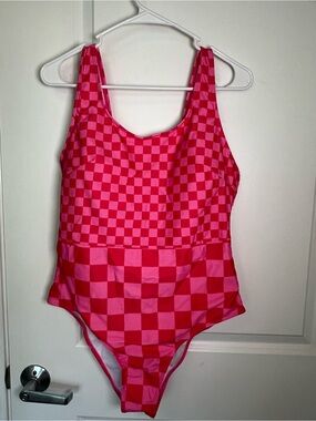 Jess Lea Pink Check One Piece Swimsuit Lined Wide Strap Tie Plus 2XL NWOT
